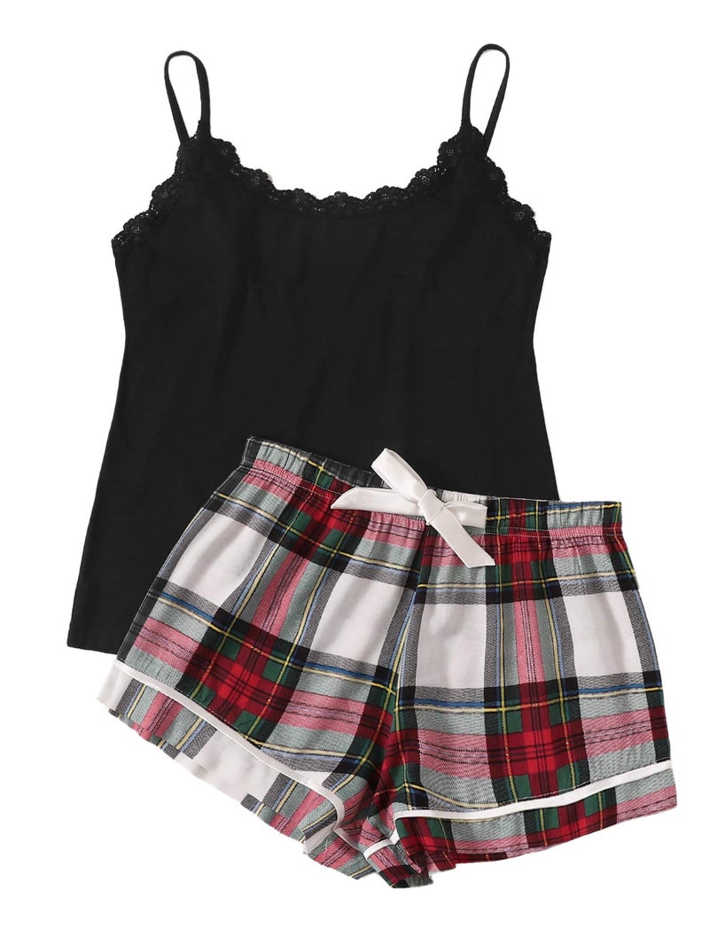 SweatyRocks Women's Sleepwear Set Plaid Print Cami Top and Elastic Waist Short Pajama Set Multicolor Medium - Image 1